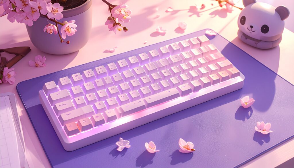 kawaii mechanical keyboard cherry blossom keycaps anime desk setup